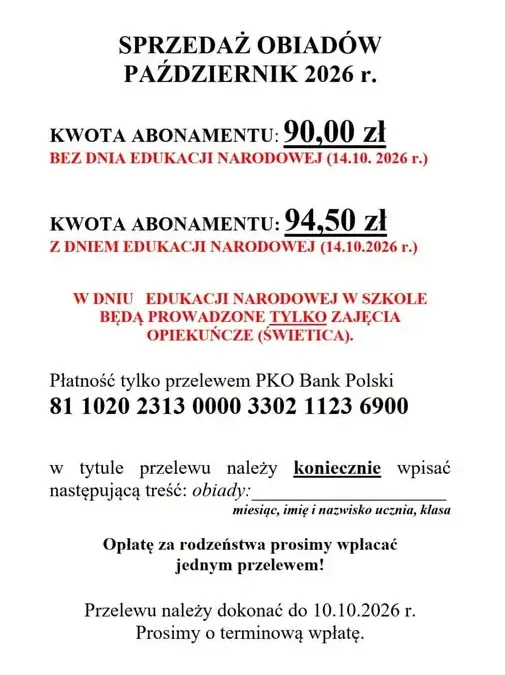 Obiady w Szkole Podstawowej nr 1 w Cieszynie – październik 2026