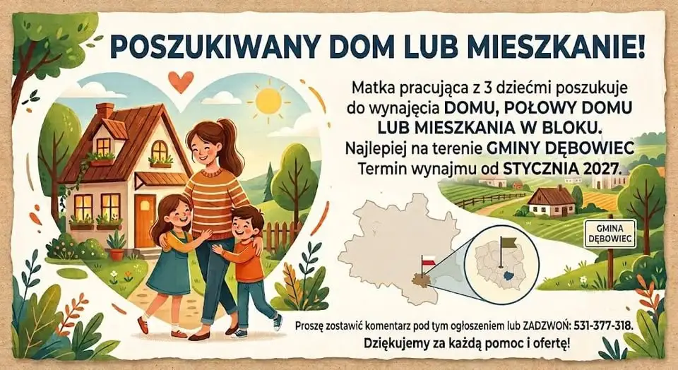 Poszukiwany dom lub mieszkanie do wynajęcia w gminie Dębowiec