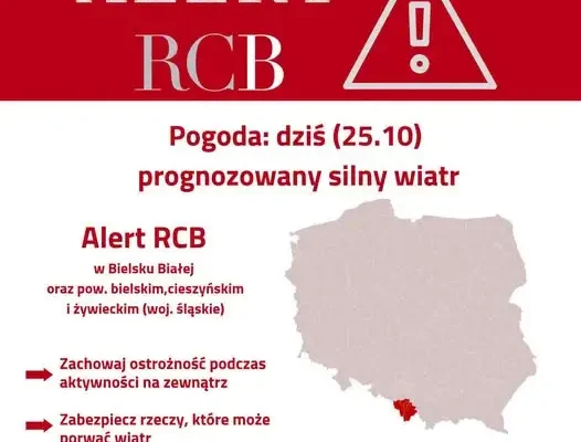 Alert RCB: silny wiatr w powiecie cieszyńskim i okolicach – ostrzeżenie II stopnia