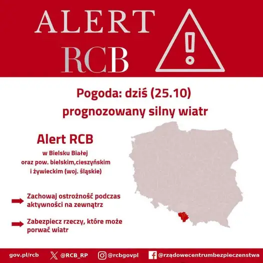 Alert RCB: silny wiatr w powiecie cieszyńskim i okolicach – ostrzeżenie II stopnia