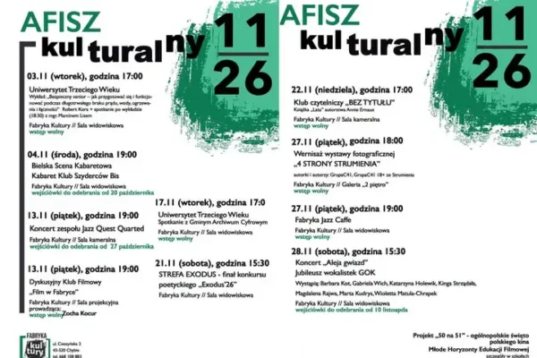 Afisz kulturalny na listopad w Fabryce Kultury – wykłady, kabaret, jazz i finał konkursu poetyckiego