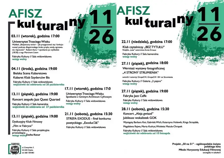 Afisz kulturalny na listopad w Fabryce Kultury – wykłady, kabaret, jazz i finał konkursu poetyckiego